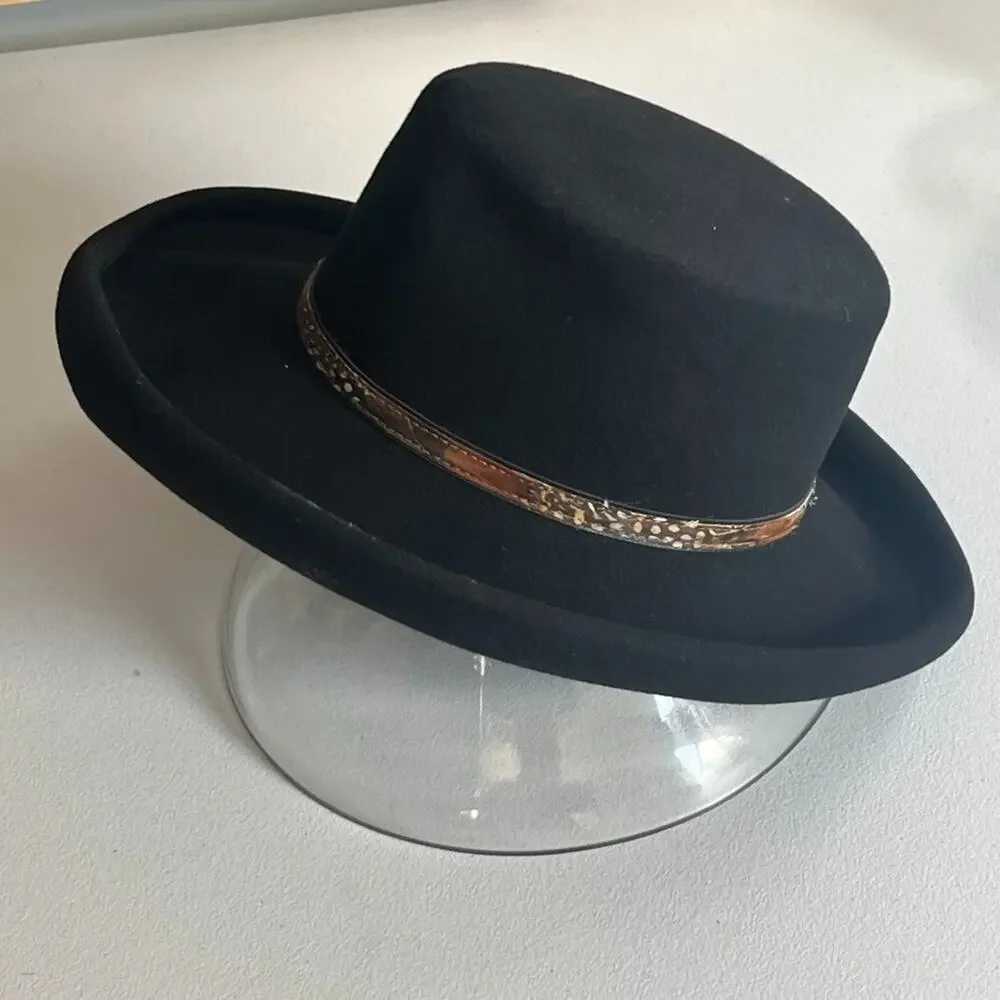 IMPORTINA Dollman Hat Womens Black Roll Up Edge Wool Leather Feathers Trim Vtg